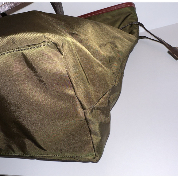 Authentic Prada Olive Green Nylon Tote Brown Leather Handles Red Interior Italy - Picture 8 of 16